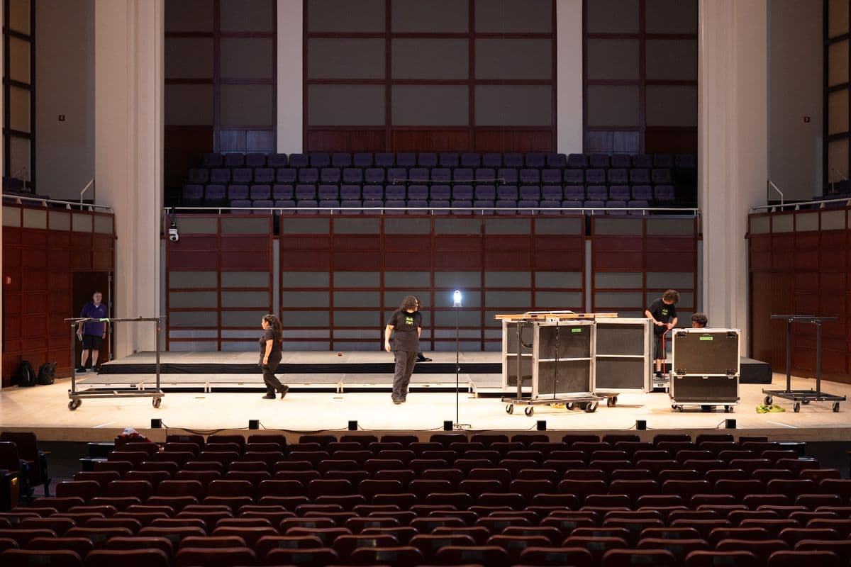 Staging deck build underway on a concert hall stage
