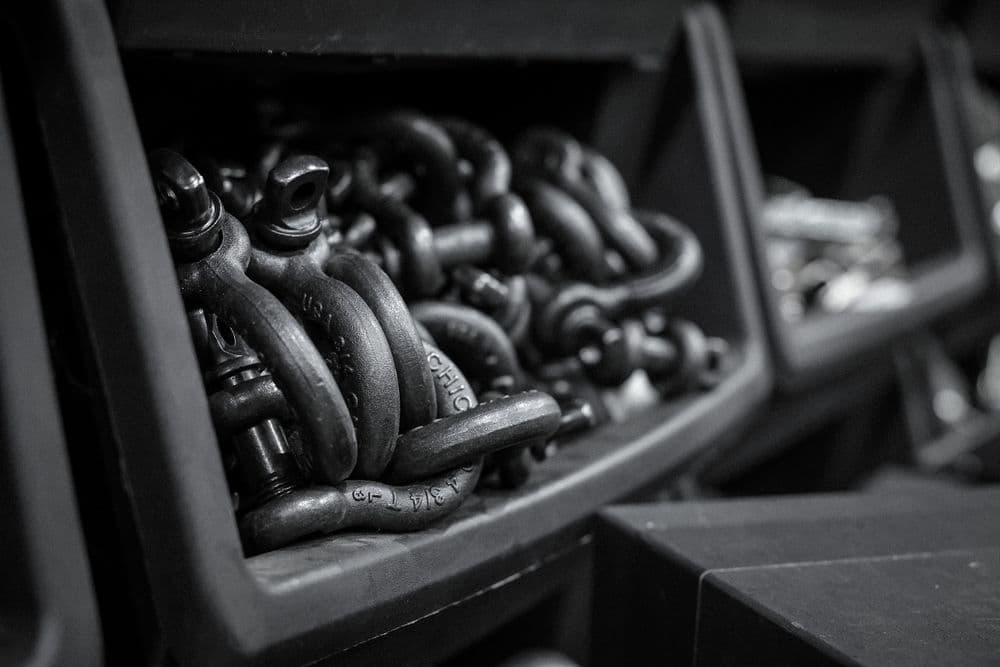 Rigging shackles and hardware packed in an OnPoint road case